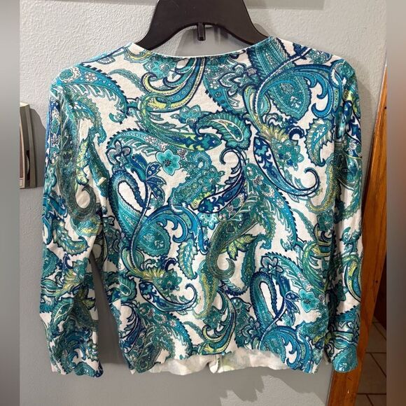 Chaps Paisley Button Down Cardigan Sweater Women's Large White Blue Green - Picture 5 of 7